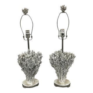 Late 20th Century Pair of Sculptural Silver Coral Table Lamps Hollywood Regency Coastal Chic For Sale