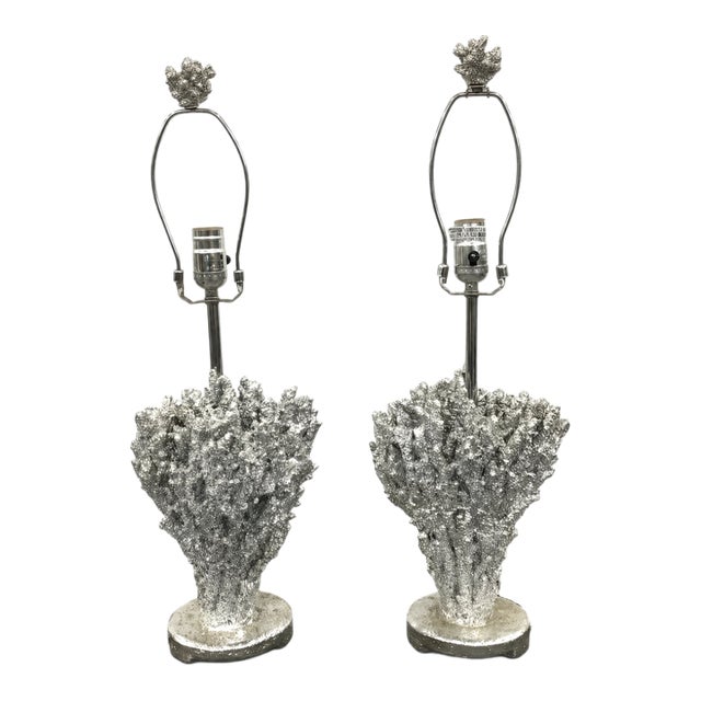 Late 20th Century Pair of Sculptural Silver Coral Table Lamps Hollywood Regency Coastal Chic For Sale
