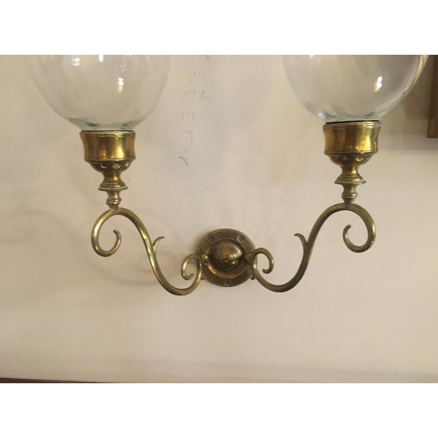 1920s George III Style Pair of Crafted Brass Wall Sconces With Glass Hurricanes - a Pair For Sale - Image 4 of 10