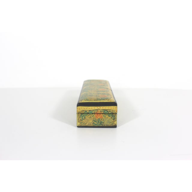 Indian Vintage Kashmir Papier Maché Trinket Box, Hand Painted 22ct Gold Lacquered Jewelry Storage For Sale - Image 3 of 11