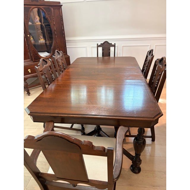 Jacobean 1920s Walnut Dining Set Table and 6 Chairs For Sale - Image 9 of 12
