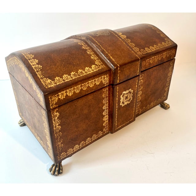 Animal Skin Mid 20th Century Hand Crafted Leather and Gold Tooled Hinged Box with Brass Lion Paw Feet For Sale - Image 7 of 7