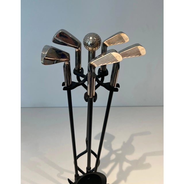 1970s Fireplace Tools in Black Lacquered Metal and Chrome on Stand Model "golf - 5 Pieces For Sale - Image 5 of 12