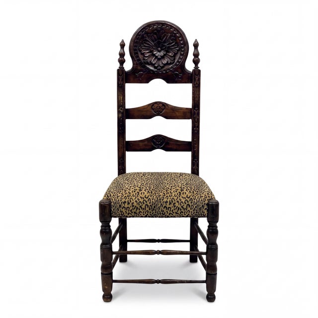 Baroque 19th-C. French Carved Oak Ladder Back Chairs Leopard Upholstery Pair For Sale - Image 3 of 5