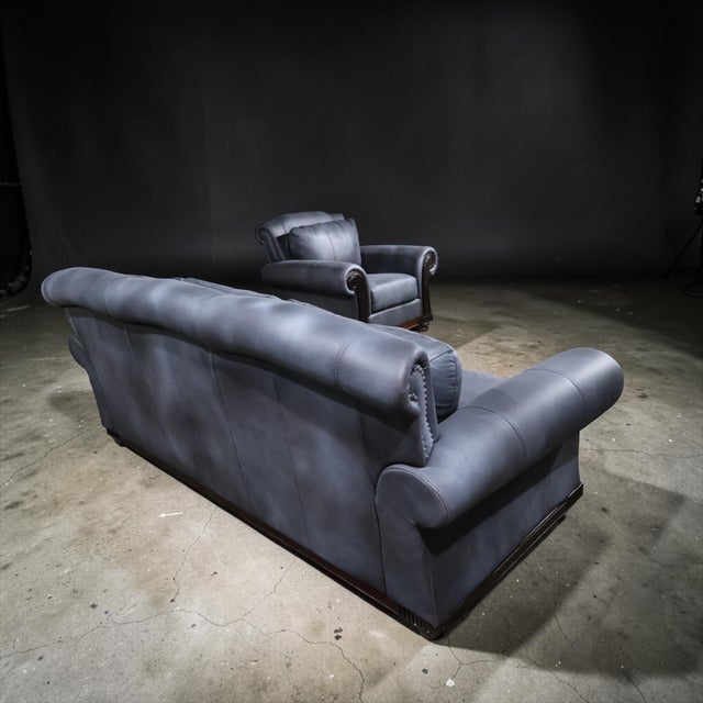 Restored Dark Charcoal Leather Sofa & Club Chair Set – Classic Rolled Arm Design For Sale - Image 11 of 11