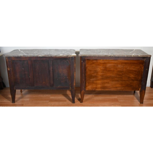 1880 French Louis XV Walnut Inlaid & Marble Top Pair Chest of Drawers / Commodes For Sale - Image 16 of 18