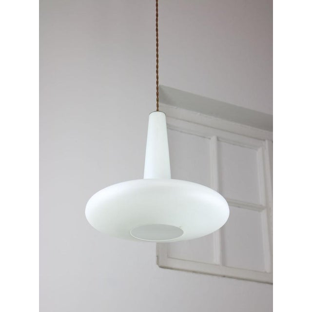 Mid-Century Italian Brass and Opaline Hat Pendant Lamp For Sale - Image 11 of 15