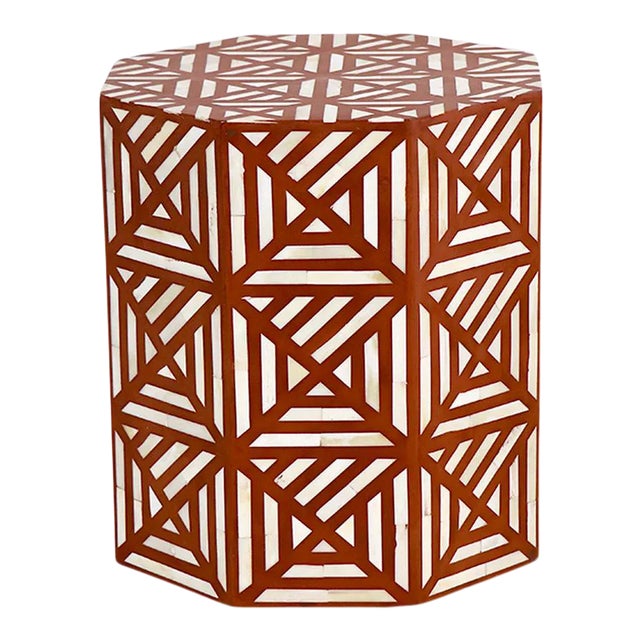 Brown Geometric Bone Inlay Drum Side Table For Sale