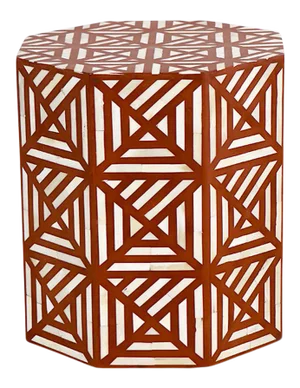 Brown Geometric Bone Inlay Drum Side Table