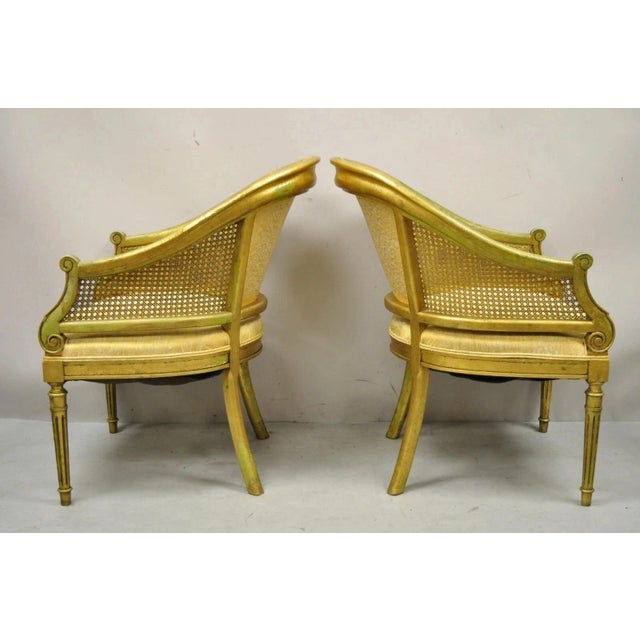 Vintage Italian Hollywood Regency Gold Gilt Barrel Back Cane Lounge Chairs, Pair For Sale - Image 11 of 12