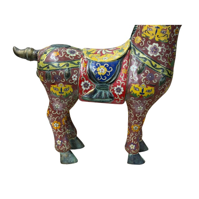 Vintage Oriental Chinese Reddish Maroon Cloisonne Metal Horse Figure A For Sale - Image 13 of 16