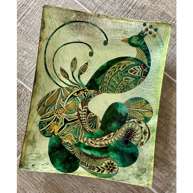 Figurative Late 20th-Century Whimsical Reverse Painted Glass Peacock Tray For Sale - Image 3 of 18