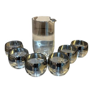 Dorothy Thorpe 1930s-40s Silver-Rimmed Roly Poly Glasses & Decanter Set For Sale