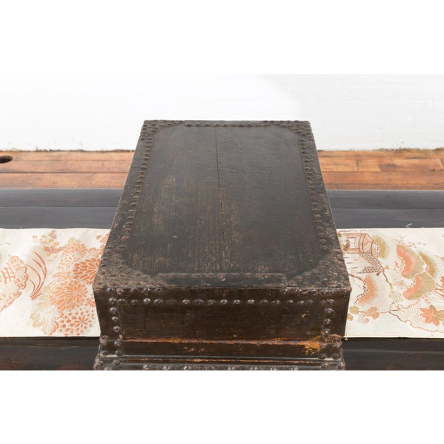 Asian Indian 19th Century Black Box with Iron Nailheads, Braces and Rustic Patina For Sale - Image 3 of 13