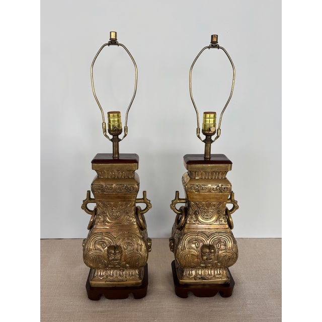 Vintage Pair Asian Archaic Brass Urn Lamps James Mont Style With Linen Shades For Sale - Image 11 of 15