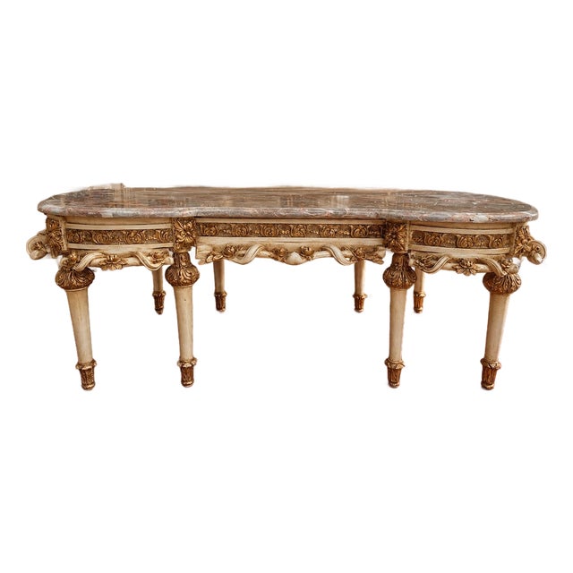 1980 French Artisan Louis XVI White Beech Marble Coffee Table For Sale