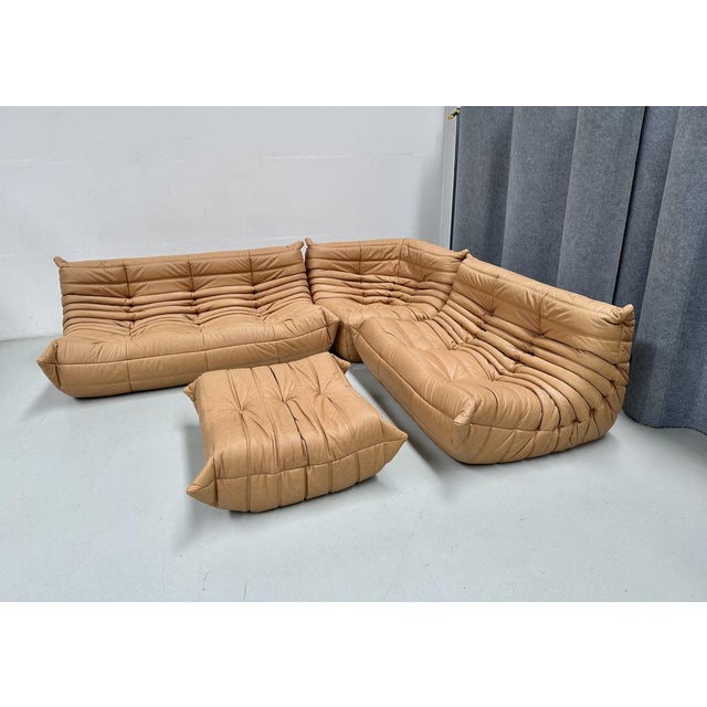 French Camel Brown Leather Togo Living Room Set attributed to Michel Ducaroy for Ligne Roset, Set of 4 For Sale - Image 13 of 15