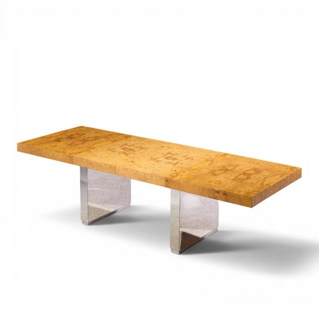 Roger Sprunger for Dunbar Mid Century Burlwood and Chrome Expanding Dining Table With 2 Leaves For Sale - Image 13 of 13