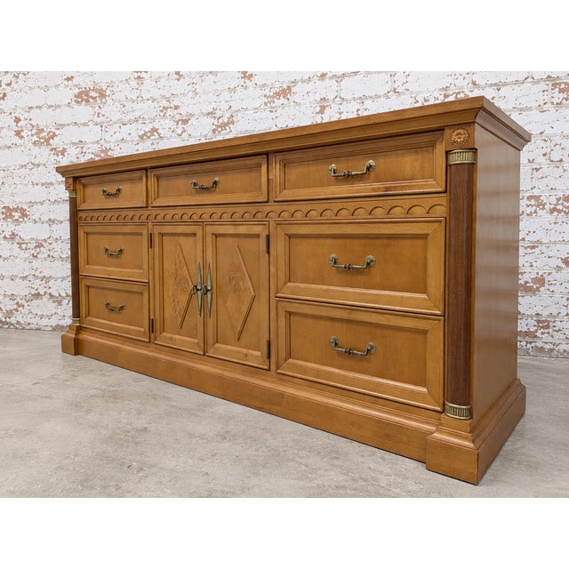 Mid-Century Modern Vintage Art Deco Stanley Furniture Solid Wood Triple Dresser/Credenza With Maple Accents For Sale - Image 3 of 8