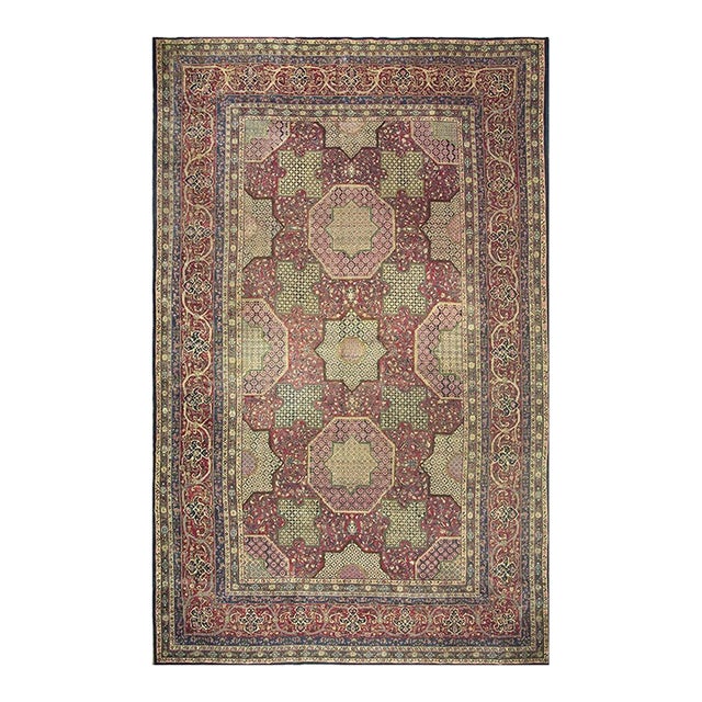 1920s Blue Navy Geometric Traditional Antique Knotted Wool Kashan Carpet Rug For Sale