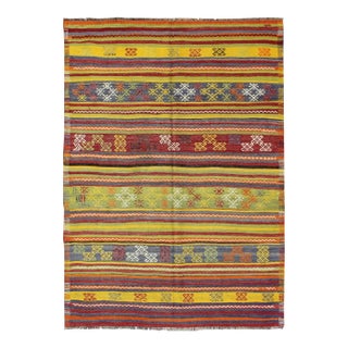 Vintage Turkish Kilim Rug in Yellow, Red, Green, and Blue With Tribal Motifs For Sale