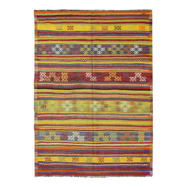 Vintage Turkish Kilim Rug in Yellow, Red, Green, and Blue With Tribal Motifs For Sale