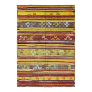Vintage Turkish Kilim Rug in Yellow, Red, Green, and Blue With Tribal Motifs