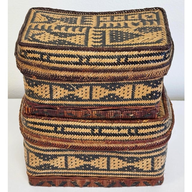 Vintage Nesting Woven Reed Lidded Basket Boxes For Sale In Kansas City - Image 6 of 9