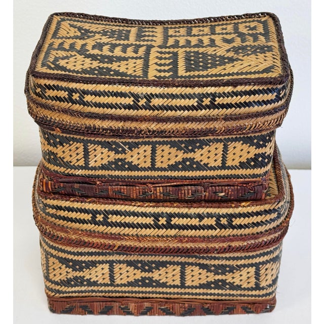 Vintage Stacking Woven Reed Lidded Basket Boxes For Sale In Kansas City - Image 6 of 9