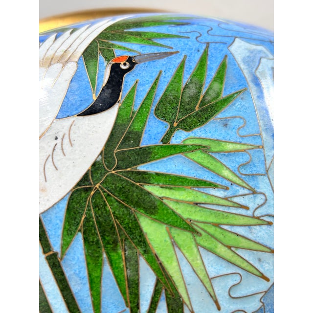 1960s Monumental Handcrafted Cloisonné Enamel Jardiniere With Cranes, Blossoms & Lion Head Handles For Sale - Image 17 of 18