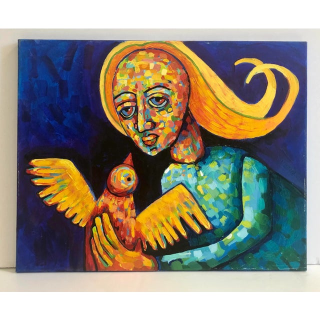 Figurative “Madonna With Bird” Acrylic Painting on Canvas For Sale - Image 4 of 4