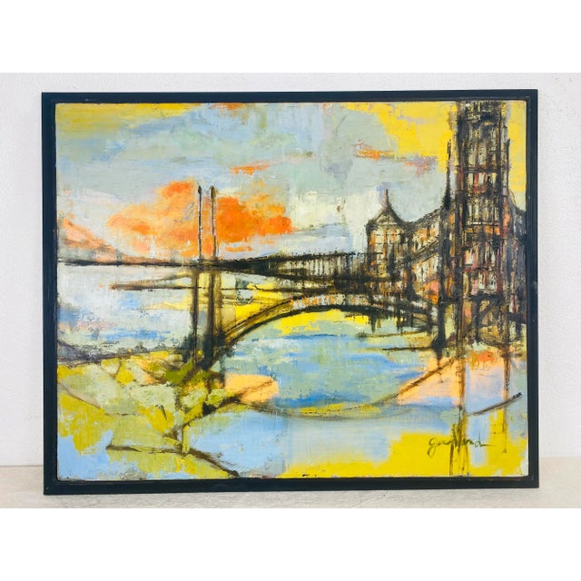 1950s Mid Century Vintage Abstract Impressionist Cityscape Oil on Canvas. Signed Galand For Sale - Image 5 of 11