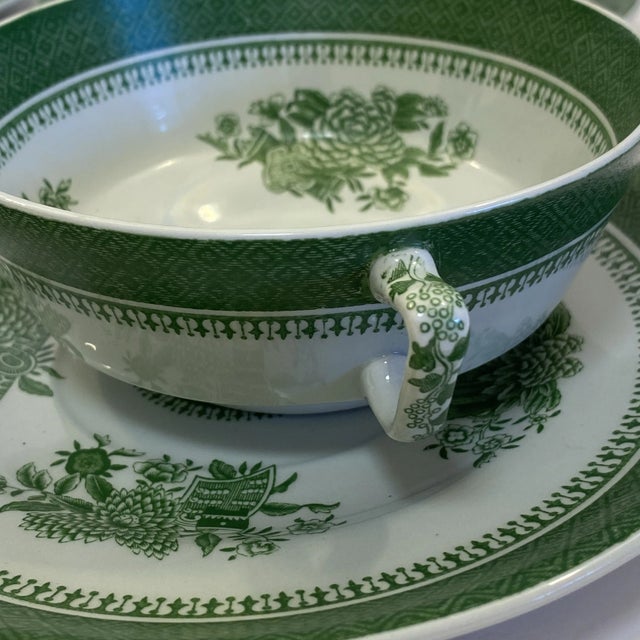 Ceramic 1950s Spode Fitzhugh Green Cream Soup & Saucer - Set of 4 For Sale - Image 7 of 12