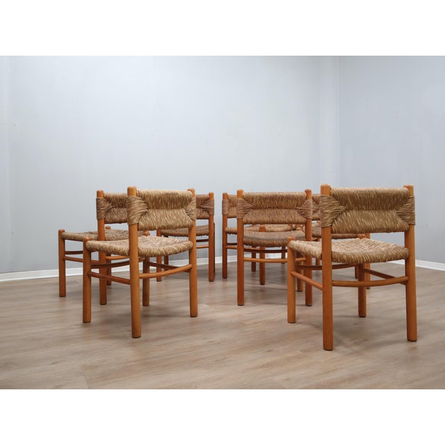 Vintage Chairs in Woven Straw and Wood by Charlotte Perriand, 1960s, Set of 8 For Sale - Image 9 of 17