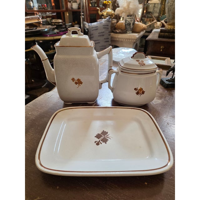 Antique English Meakin Tea Pot, Rectangular Platter and Covered Sugar Container all ironestone China with copper luster...