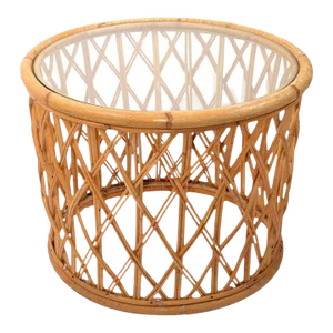 1970s Bohemian Round Bend Bambo Rattan Reed, Wicker Coffee or Cocktail Table Glass Top