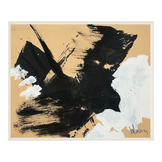 Bold and evocative, this original 1974 abstract composition features dramatic black gestural brushwork set against a warm...