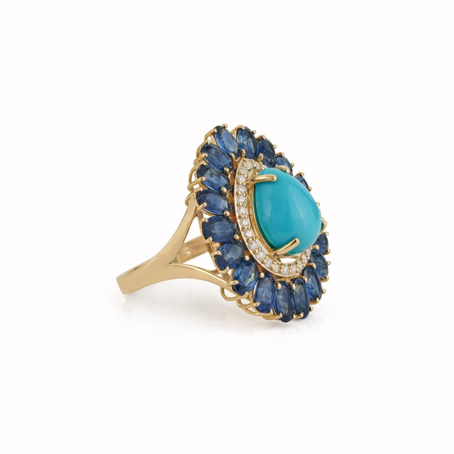 Metal 14k Yellow Gold 8.41ct Turquoise, Blue Sapphire & Diamond Floral Art Deco Ring Size 6.5 For Sale - Image 7 of 18