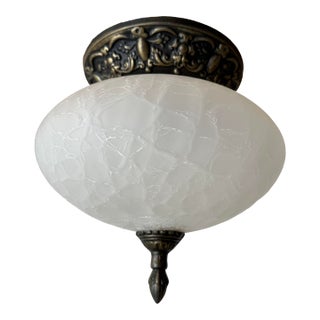 1970s Ceiling Light Frosted Crackle Glass Bulbous Flush Mount Ceiling Light Fixture Hollywood Regency For Sale