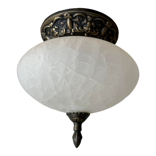 1970s Ceiling Light Frosted Crackle Glass Bulbous Flush Mount Ceiling Light Fixture Hollywood Regency For Sale
