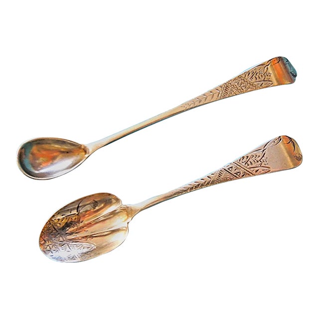 1900 Pair of William Wilson Sterling Silver 5 3/4" Brite-Cut Mustard Ladle & Relish Spoon For Sale