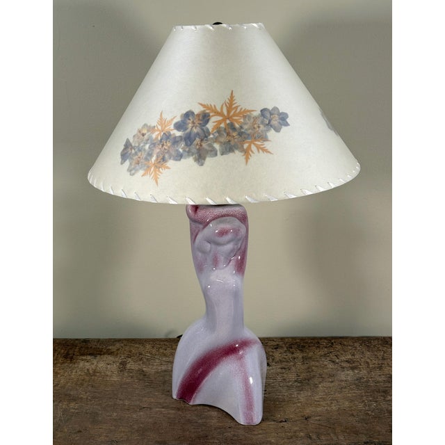 Purple Mid Century Yasha Heifetz Female Nude Ceramic Table Lamp With Pressed Flower Shade For Sale - Image 8 of 12