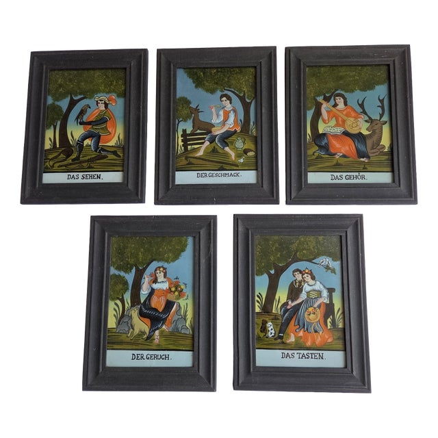 German Reverse Glass Paintings, Set of 5 For Sale