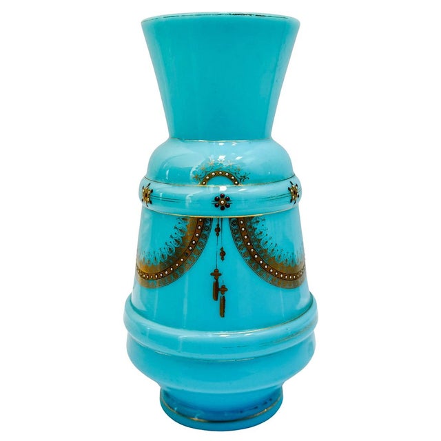 French Antique 19th Century French Blue Celeste Opaline Glass Vase With Hand-Painted Jeweled Enamel For Sale - Image 3 of 9