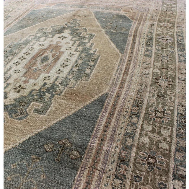 Mid 20th Century Vintage Oushak in Gray Green, Beige, Camel Background and Light Green Border For Sale - Image 5 of 9