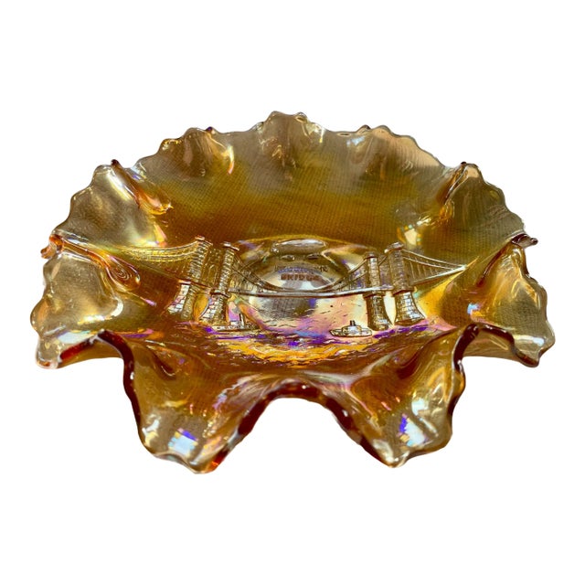 1910s Opalescent Brooklyn Bridge Bowl With Ruffled Edges by Dugan For Sale