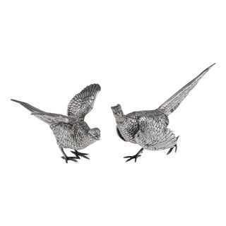 Vintage 20th Century English Silver Ornamental Pheasants, 1972, Set of 2 For Sale