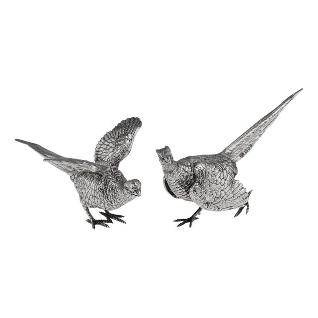 Vintage 20th Century English Silver Ornamental Pheasants, 1972, Set of 2 For Sale