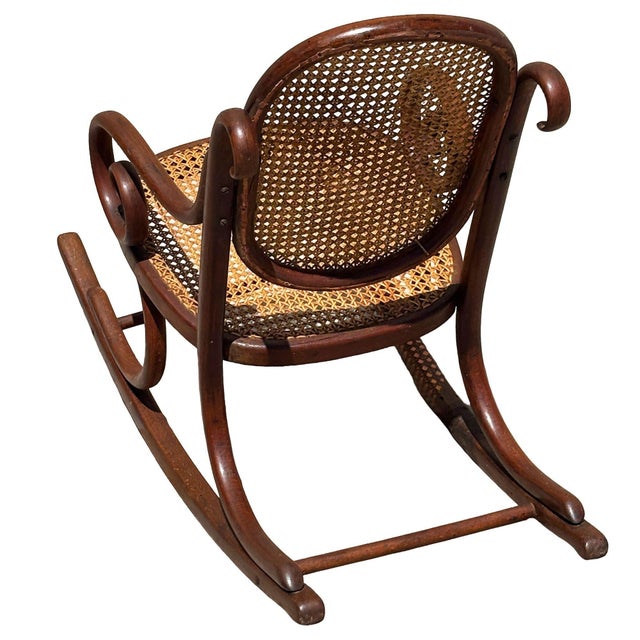 Antique Vienna Secession Bent Oak & Cane Scrolling Children Sized Rocking Chair, Thonet For Sale In Los Angeles - Image 6 of 7