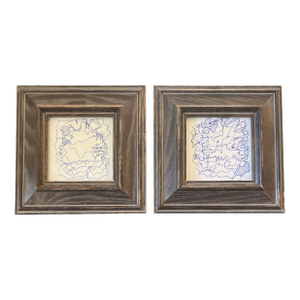 1980’s 2 Original Wayne Cunningham Abstract Blue Ink Drawings Wood Frames-A Pair